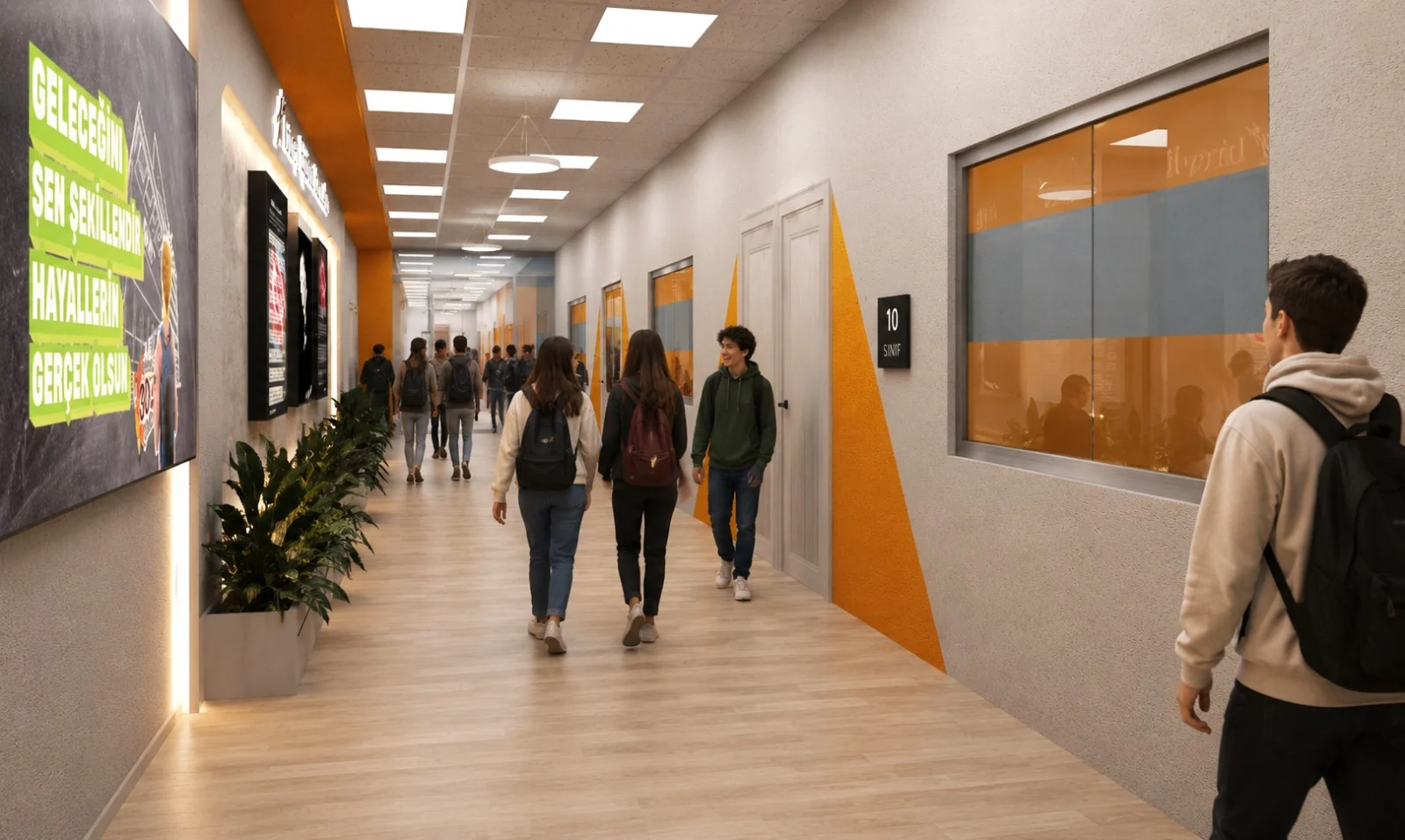 Cam sınıf cepheleri ve öğrenciler bulunan Birey Eğitim Kurumları koridoru